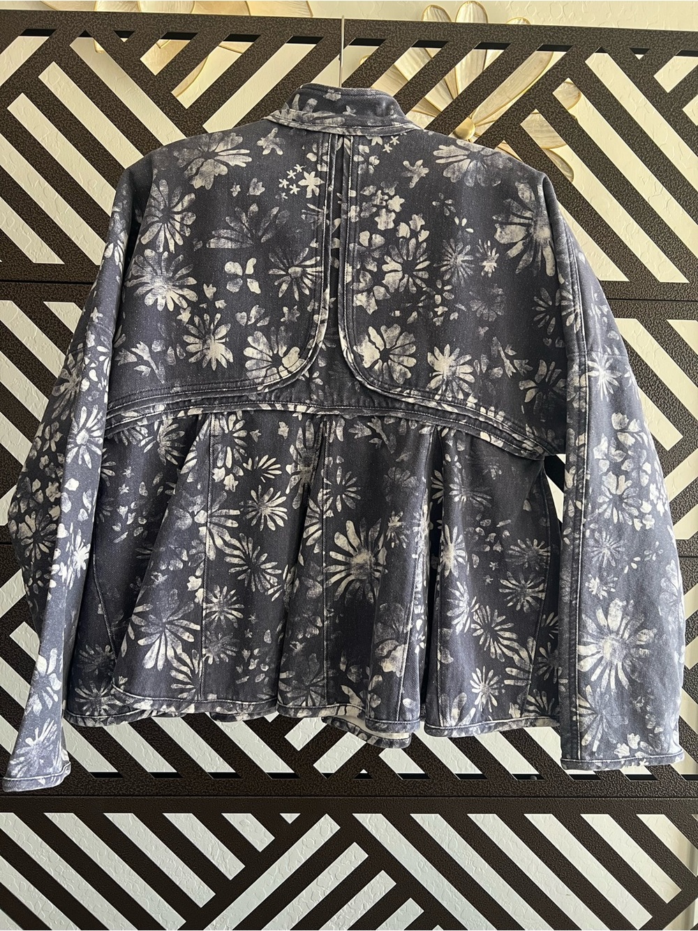 Free People Navy and White Floral Peplum Denim Jacket